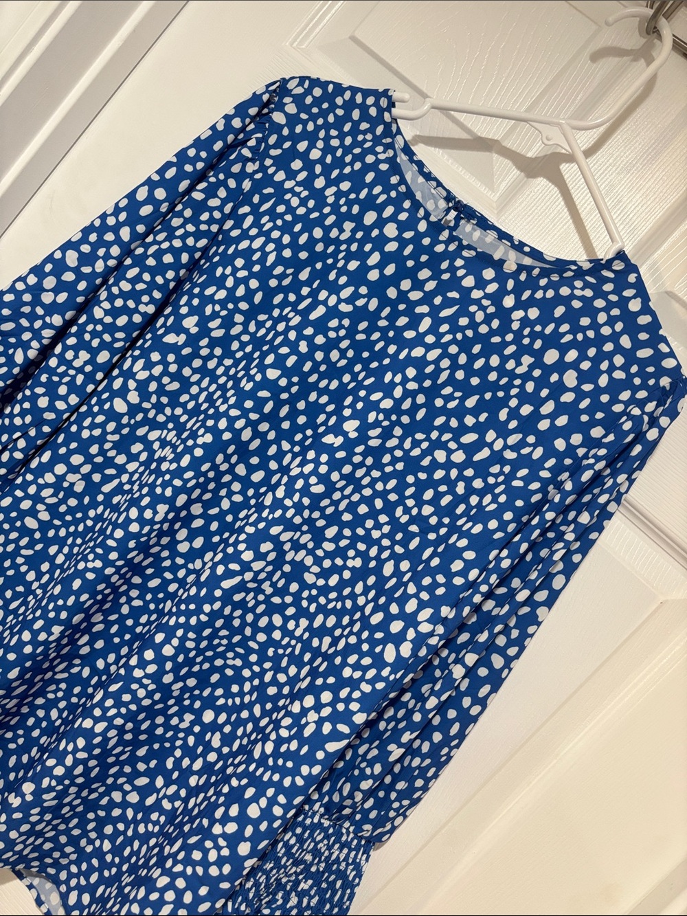 Blue and White Polka Dot 3/4 Cuffed Sleeve Women's Top